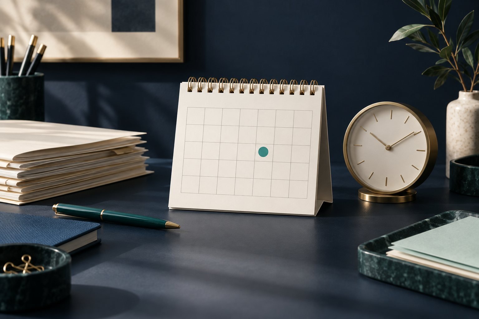 Desk calendar, analog clock, and document folders illustrating trademark filing timelines